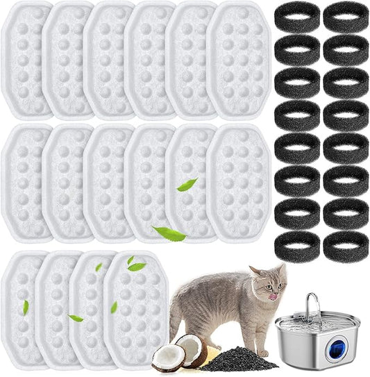 32 Pcs Cat Fountain Filters Replacement & Pre-Filter Sponges for 108oz Stainless Steel Pet Water Fountain with Water Level Window