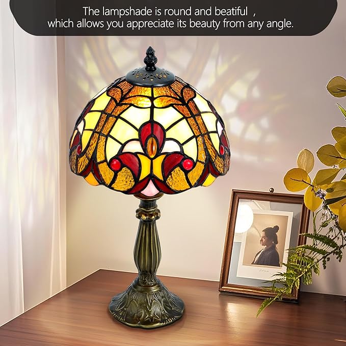 Grand 8-Inch Tiffany Style Table Lamp,Handcrafted Baroque Stained Glass Lamp with LED Bulb,Elegant Tiffany Lamps for Living Room, Office, Bedroom Decor.