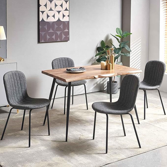 5 Pieces Dining Table Set-Home Kitchen Dining Room Table Set, Solid MDF Dining Table with Irregular Tabletop, 4 PCS Vintage PU Dining Chairs Dark Grey Accent Chairs