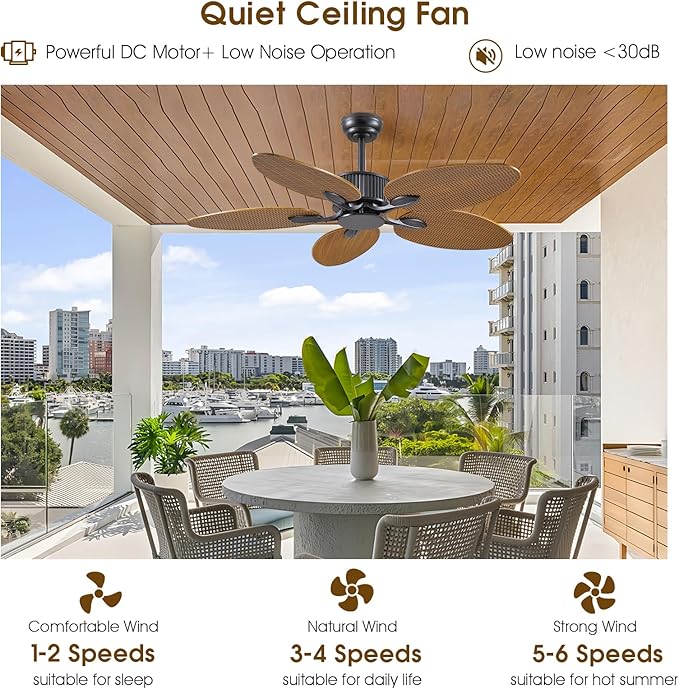 50 Inch Tropical Ceiling Fan no Light, Outdoor Waterproof Palm Leaf Ceiling Fans for Patios Porches, Remote +APP Control, Wet Rated, 6 Speeds, Quiet, Wood Grain
