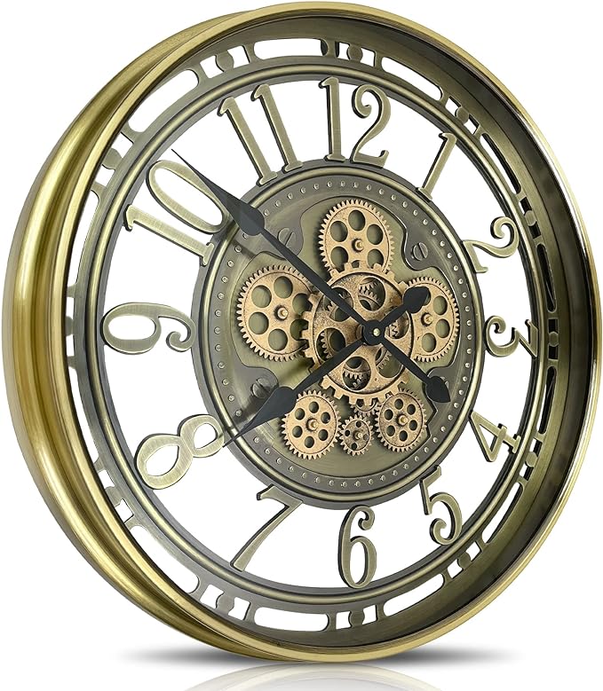 Real Moving Gears Wall Clock Large Modern Metal Clocks for Living Room Decor, Industrial Steampunk Unique Vintage Rustic Decorative Clock for Home Farmhouse Office, 21 Inch,Bronze Gold Arabic