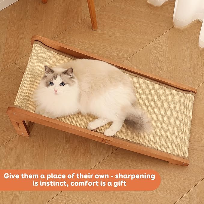 Extra-Larger Cat Scratching Post - Beechwood Base, 28.5" Natural Sisal Woven Cat Scratch Pad, Durable Cat Scratcher Ramp, Furniture Protector for Cats' Clawing and Play
