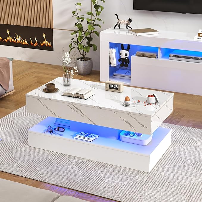 39.4" Large High-Glossy LED Coffee Table with 2 Sliding Drawers, Living Room Storage Coffee Tables with Marbling Print, Modern Stylish Double-Layer Center Tables w/LED Lights, White
