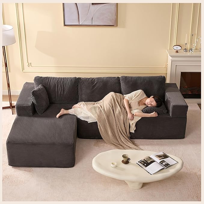 107" Boneless Couch with Deep Seat, Modular Sectional Sofa, Cloud Sectional Couch for Living Room, No Assembly Required, Corduroy, L-Shape Left?Grey