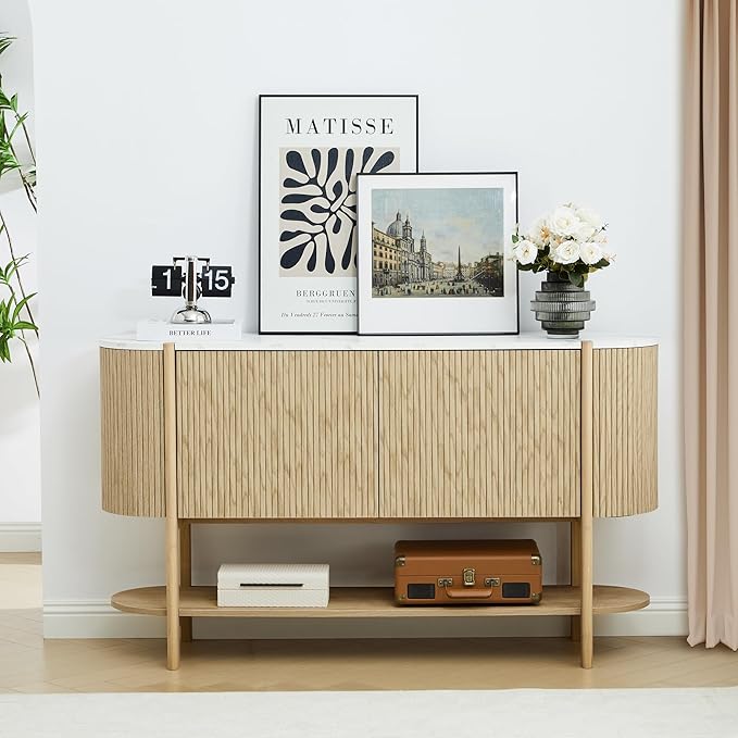 Console Table with Storage, Fluted Entryway Table with 2 Doors and Open Shelf, Long Sofa Table Behind Couch for Living Room, Hallway (Natural)