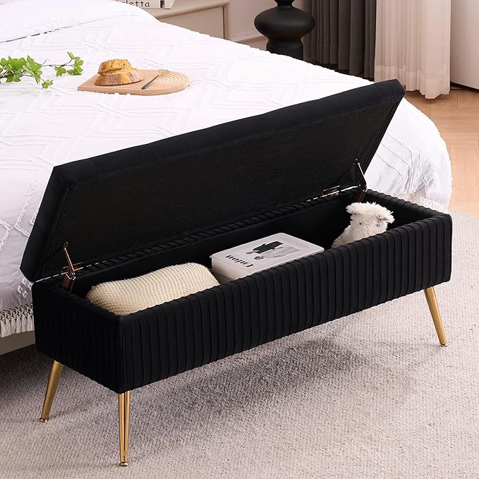 Velvet Storage Bench for Bedroom, Rectangle Upholstered End of Bed Bench Modern Tufted Ottoman with Gold Legs for Living Room/Window/Entryway (Black-45.5" W)