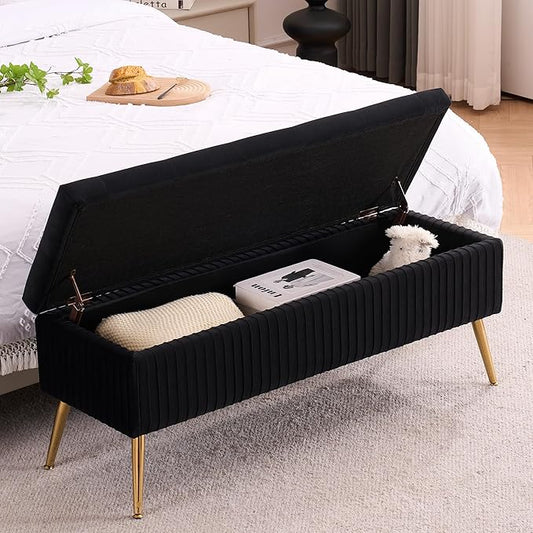 Velvet Storage Bench for Bedroom, Rectangle Upholstered End of Bed Bench Modern Tufted Ottoman with Gold Legs for Living Room/Window/Entryway (Black-45.5" W)