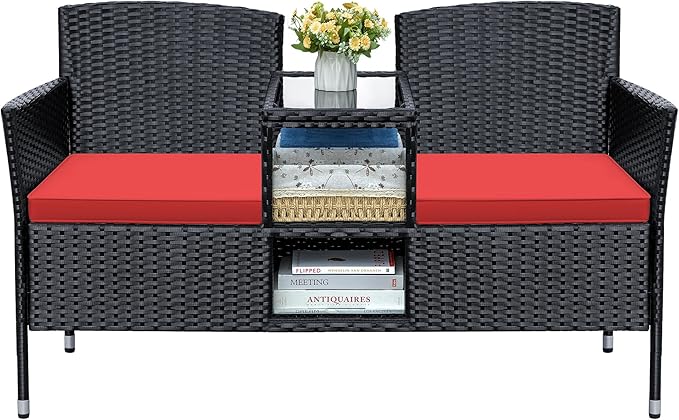 Greesum Patio Loveseat Outdoor Wicker Furniture Conversation Set with Soft Cushions & Built-in Coffee Table for Lawn Garden Backyard, Red