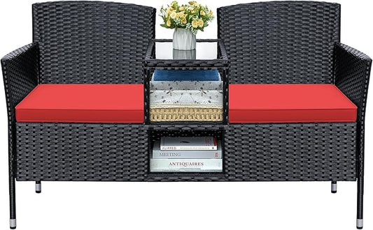 Greesum Patio Loveseat Outdoor Wicker Furniture Conversation Set with Soft Cushions & Built-in Coffee Table for Lawn Garden Backyard, Red