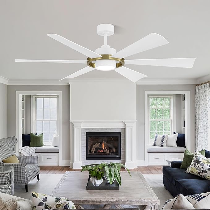 ELEHINSER 60" Ceiling Fan with Lights - 6 ABS Plastic Blades, 3 Downrods, 6-Speed Reversible DC Motor, 3CCT, Windmill Ceiling Fan for Kitchen Bedroom Living Room, White and Brass