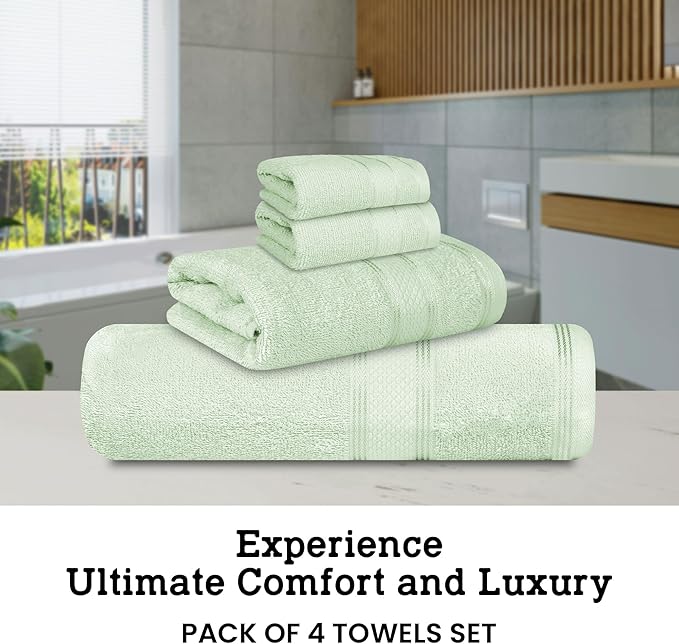 Casa Lino 100% Cotton Bath Towels Set of 4 (1 Bath Towel, 1 Hand Towel & 2 Wash Cloths) - Bathroom Towels and Washcloths Set - Complete Bathroom Set - Guest Room Essentials - (Light Sage Green)