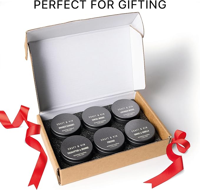 Craft & Kin Christmas Scented Votive Candle Gift Set of 6 | Small Luxury Scented Candles Holiday Gift Set for Home | Candle Box with Assorted Scents | 15–20 Hour Burn Each