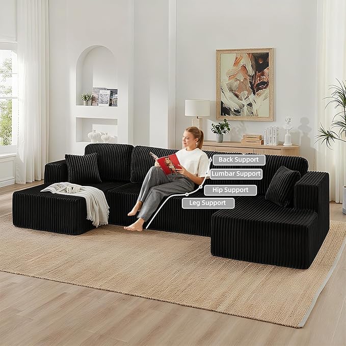 134 Inch Cloud Sectional Couch for Living Room,Corduroy Boneless Couches with L-Shape Chaise,Modern Modular Sectional Sofa with Deep Seat,No Assembly Required (Black, U-Shaped Sofa)