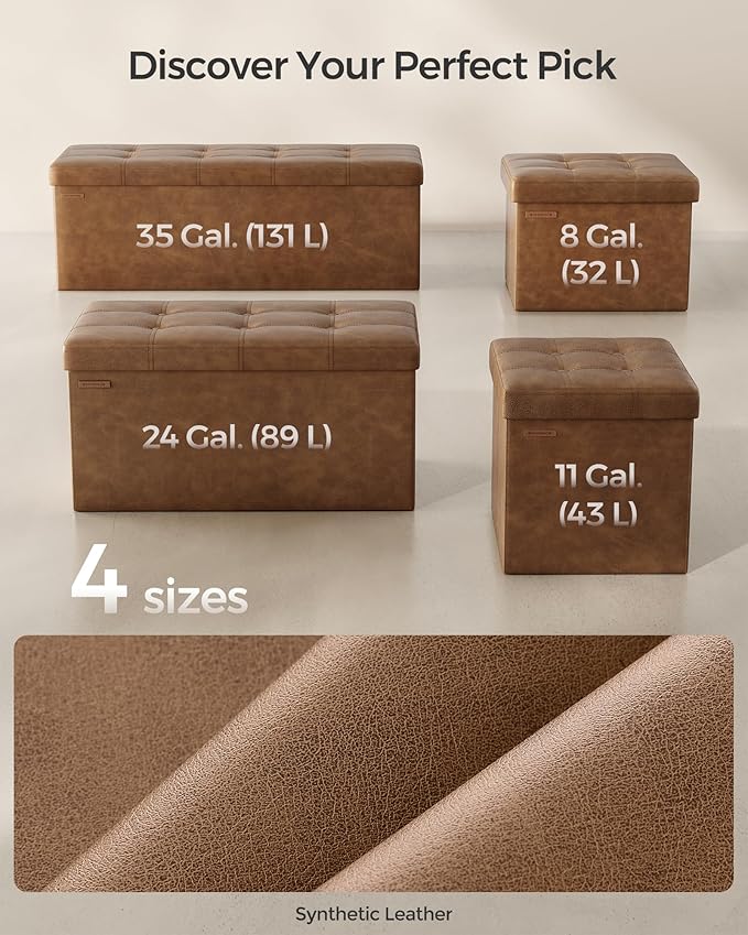 SONGMICS Mazie Collection - 43 Inches Folding Storage Ottoman Bench, Ottoman with Storage, Foot Rest Stool, Load 660 lb, Living Room, Bedroom, Entryway, Synthetic Leather, Coffee Brown ULSF070K01