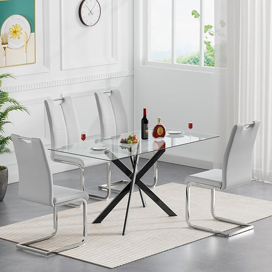 Modern Glass Dining Table Set for 4, Black Glass Kitchen Table and Chairs Set of 4, 5 Piece Dining Room Table Set with 61" Rectangular Metal Glass Dinner Table and 4 Grey Leather Dining Chairs