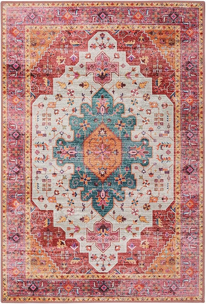 Moynesa Ultra-Thin Washable Runner Rug - Pink 2x4 Bedroom Bathroom Rug Runner Non-Slip Kitchen Rugs, Vintage Stain Resistance Low Pile Entryway Carpet Runner for Hallway Laundry Room