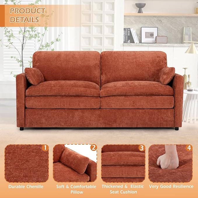 69” Chenille Loveseat Sofa w/Arm Pillows, Upholstered 2-Seater Sofa w/Comfortable Back Cushions, Modern 2 Seats Couch w/High-Density Foam for Living Room, Apartment, Office, Orange