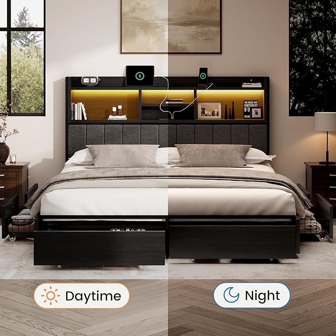King Bed Frame with 6 Storage Drawers, Linen Upholstered Headboard, Built-in USB Charging Station & LED Lighting, Silent Metal Support, No Box Spring Needed, Vintage Black