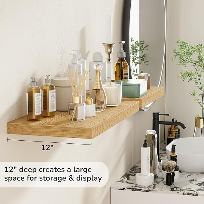 Fun Memories Floating Shelves - 2 Pack 12 Inch Deep Rustic Wooden Wall Shelves - Extra Deeper & Thicker Wall Mounted Storage Shelf for Living Room, Kitchen, Farmhouse - 24" W x 12" D x 1.5" H - Oak