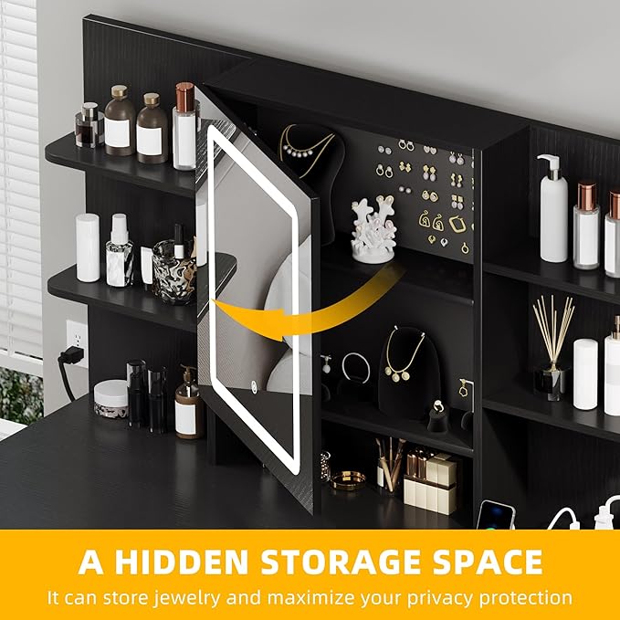 DWVO Vanity Desk with LED Lights Mirror & Power Outlet, Adjustable 3 Lights Modes, Makeup Table with Stool and Hidden Storage Shelves, 3 Drawers, Dressing Table Set with Chair, Upgraded, Black