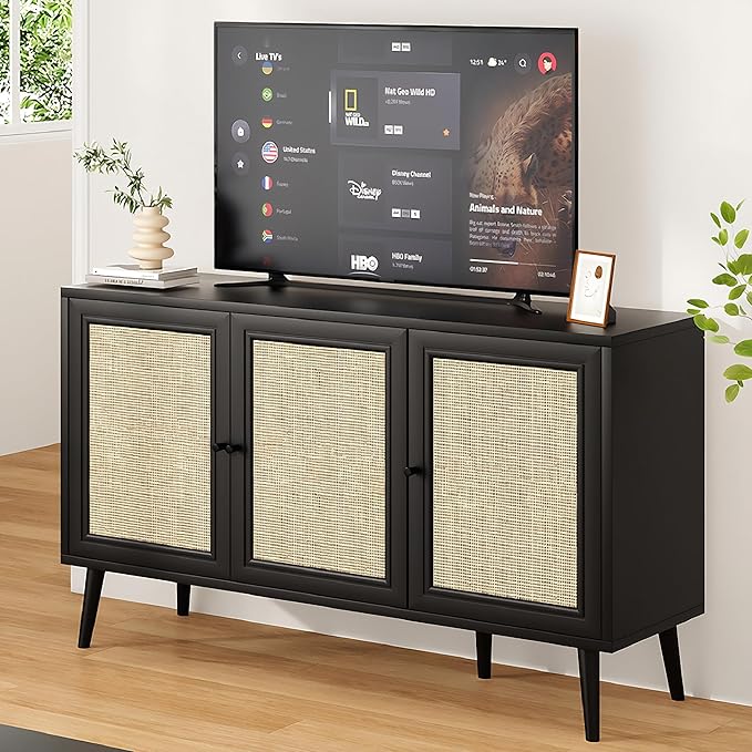 47" Rattan-Door Sideboard Cabinet with Shelf, 3-Door TV Stand Credenza Buffet with Generous Storage, Modern Accent Cabinet for Living Room & Kitchen, Black