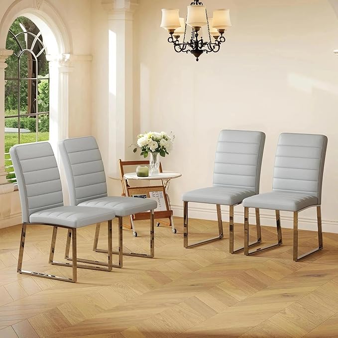 Modern Dining Chairs Set of 4, White Faux Leather Kitchen Chairs, Upholstered Armless Dining Room Chair with Gold Mental Legs Heavy Duty, Comfortable (Grey Chiars, Set of 4)