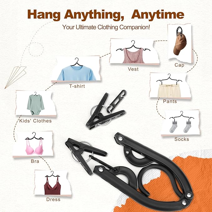 HOUSE DAY Foldable Travel Hangers 10 Pack w/10 Clips, Cruise Essentials 2025, Portable Hanger Collapsible Hangers Plastic, Travel Must Haves for Suitcase, Hotel, RV, Road Trip, Flying, Camping-Black
