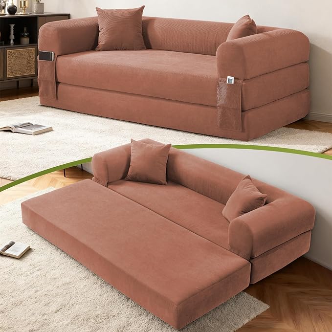 Convertible Folding Sofa Bed,80" Pull Out Couch with Pillows & Storage Pocket,Modular Futon Bed Corduroy Queen Sleeper Sofa in a Box,Compression Boneless Couch for Living Room,Pink