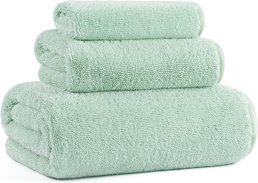 Ring Spun Terry Microfiber Bath Towel Set, 3 Piece, Oversize, Quick Dry, Lint Free, Includes Bath, face, and Hand Towels (Green)