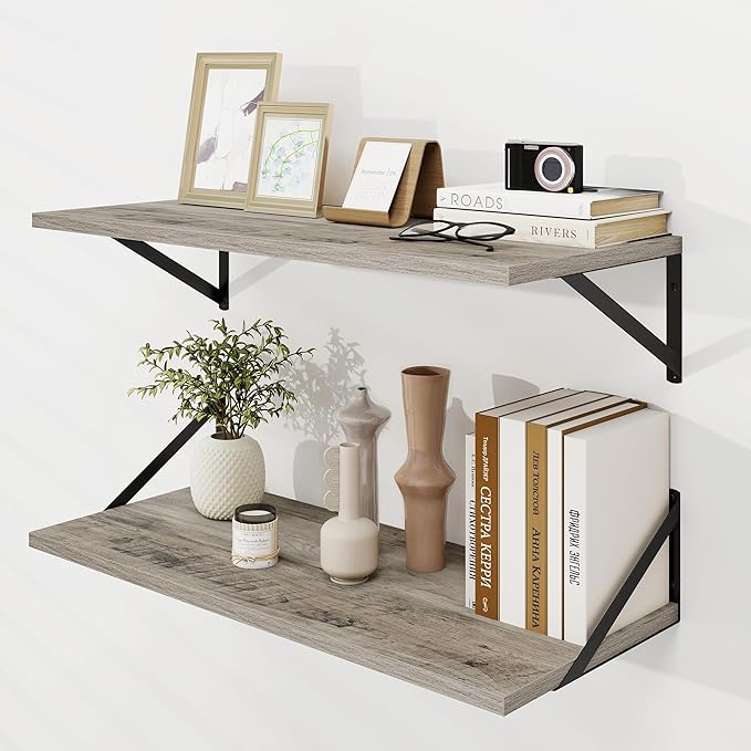 Dreamland Floating Shelves for Wall, 12 Inch Deep Floating Shelves Set of 2, 30W x 12D Large Wall Shelf with Sturdy Metal Brackets for Living Room, Bathroom, Bedroom and Kitchen, Grey