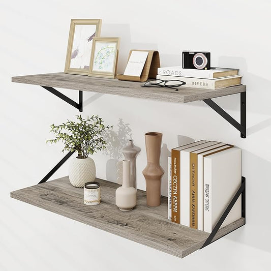 Dreamland Floating Shelves for Wall, 12 Inch Deep Floating Shelves Set of 2, 30W x 12D Large Wall Shelf with Sturdy Metal Brackets for Living Room, Bathroom, Bedroom and Kitchen, Grey