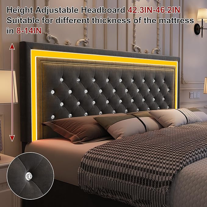 Queen Bed Frame with LED Lights, Storage Drawers, No Box Spring Needed, 900 lbs Capacity, Easy Assembly, Velvet Grey