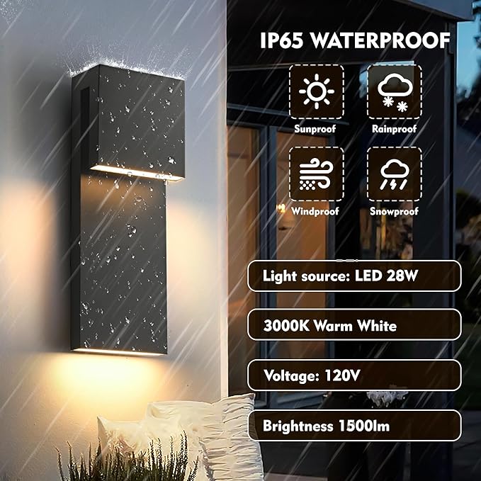 Modern LED Large Outdoor Wall Light 3000K 28W IP65 Waterproof Integrated LED Outdoor Wall Sconce Anti Rust Black Porch Lights Exterior Lighting Outside Lights Fixture for Garage,Balcony,Backyard 1PACK