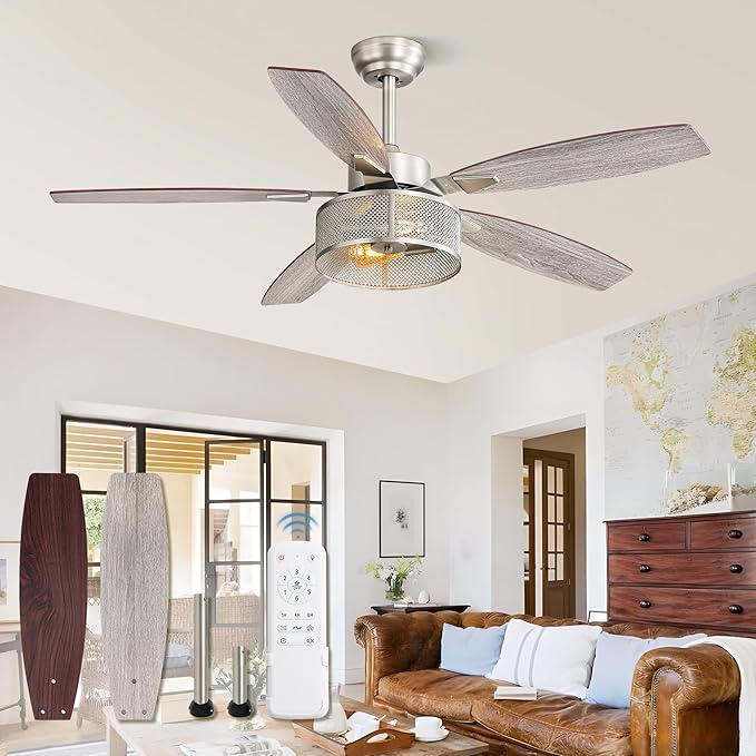 Fanbulous Farmhouse Brushed Nickel Ceiling Fans with Lights and Remote, 52 Inch Bedroom Caged Ceiling Fans for Living Room Kitchen，6 Speed Reversible Quiet DC Motor, Dual Finish 5 Blades