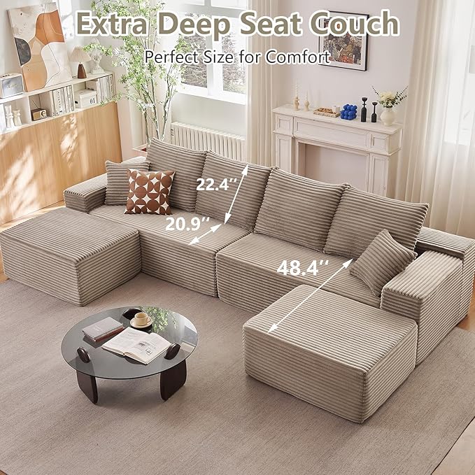 140" Sectional Cloud Couch for Living Room, Stupendous U Shaped Sofas, Modular Floor Deep-Seat Sofa, Big Comfy Corduroy Couches Set with Fluffy Memory Foam, No Assembly Required, Camel