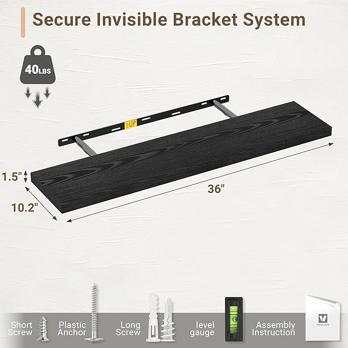 Vivelove 36 Inches Floating Shelves Wall Mounted, 10" Deep Wall Shelves for Bedroom, Bathroom, Living Room, Kitchen, Office, Home Decor, Modern Shelf, Set of 2, Black, 36x10.2x1.5