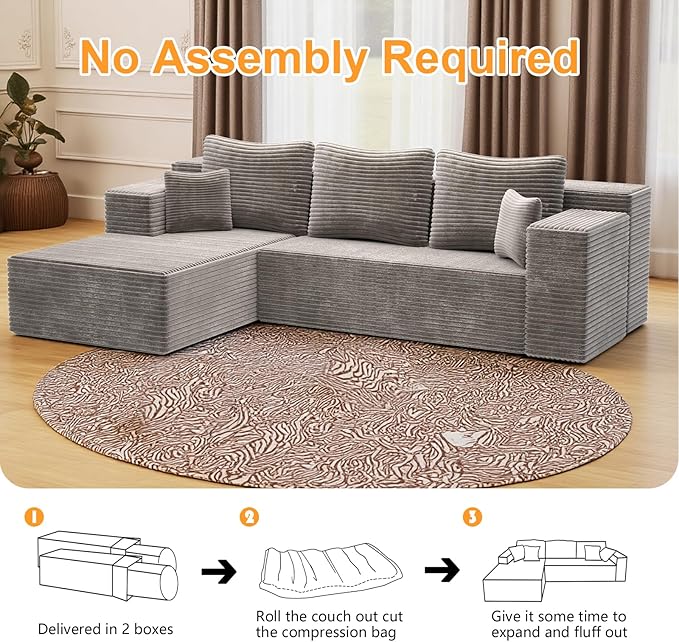 106'' Boneless Couches for Living Room, L Shaped Modular Sectional Sofa with Chaise Lounge, Faux Rabbit Fur & Layered Cushion Deep Seat Cloud Couch, No Assembly (Light Coffee, Left Facing Chaise)