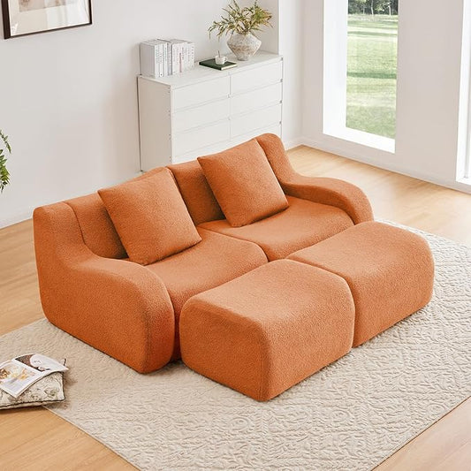 Orange Modular Cloud Couch Loveseat with 2 Ottomans, Modern Teddy Fabric Boneless Sectional Sofa in a Box for Living Room, Deep Seat Floor Couch, No Assembly Required, Sofas para Sala