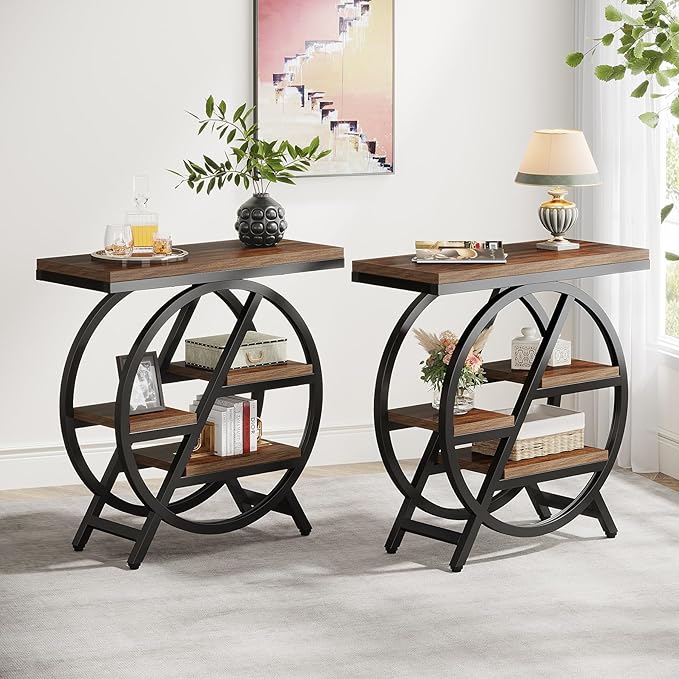 Tribesigns End Table for Living Room, 3-Tier Narrow Side Table with Storage, Wood Sofa Side Table with Geometric Metal Frame, Industrial Nightstand and Bedside Table for Bedroom