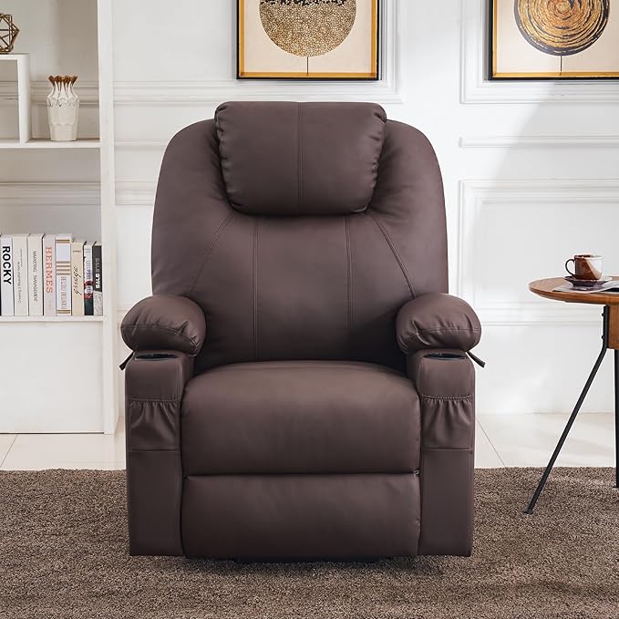 MCombo Large Power Lift Recliner Chair with Massage and Heat for Tall Elderly People, 3 Positions, Cup Holders, and USB Ports, Faux Leather 7516 (Large, Light Brown)