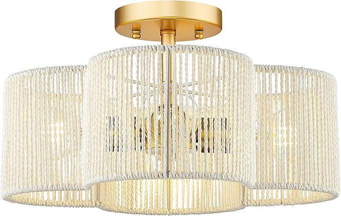 Rattan Light Fixtures Ceiling Mount, 4-Light 14" Boho Semi Flush Mount Ceiling Light with White Hand-Woven Shade in Quatrefoil Shape for Kitchen Nursery Bedroom, Gold, AD-22007-4SF-RA-WH