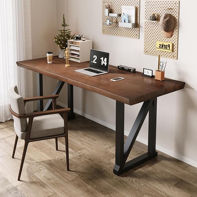 Solid Wood and Metal Modern Industrial 56 inch Wide Home Office Desk, Writing Table, Workstation, Perfect Table for Your workspace Study Table Furniture in Rustic Natural Aged Brown