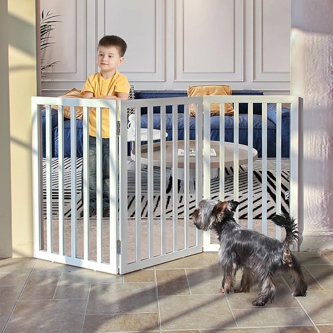 ZJSF Freestanding Indoor Dog Gate for House Foldable Wood White Puppy Gate for Doorways Pet Gate for Stairs Extra Wide Pet Fence 32" Height 3 Panels