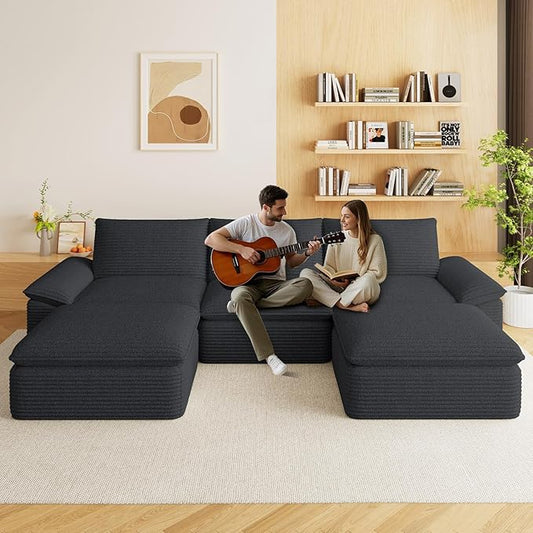 113.03" Sectional Couches for Living Room Modern Modular Sofa with U-Shape Couchs Upholstered Corduroy Boneless Couch Deep Seat Cloud Couch with Ottoman, No Assembly Required, Black