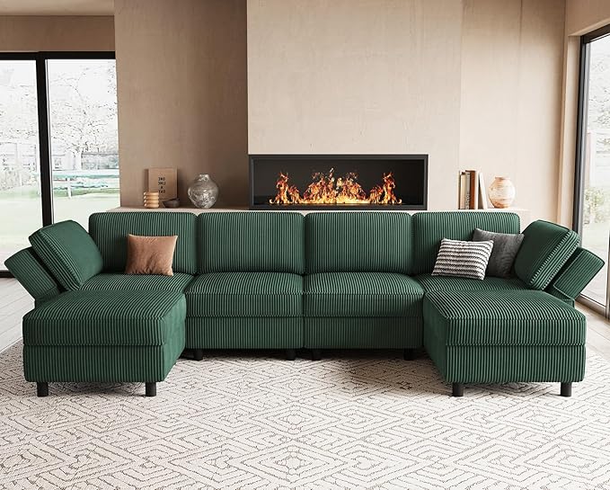 114.2" Modular Sectional Sofa with Deep Storage Seat,U Shaped Sectional Sofa Couch Convertible 6 Seater Corduroy Couch with Movable Ottoman,Upholstered Sectional Couches for Living Room,Green