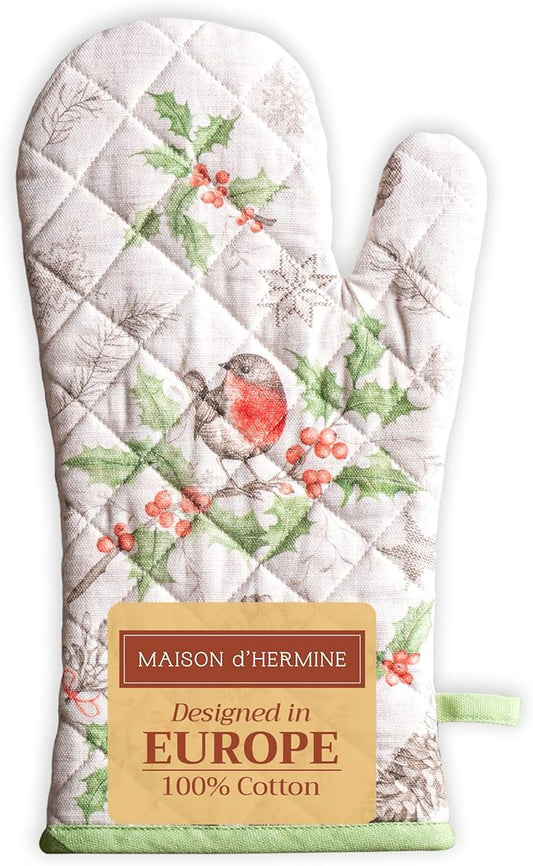 Maison d' Hermine Oven Gloves 100% Cotton Oven Mitt 7" x 13" with Loop Heat Resistant BBQ Cooking Gloves for Thanksgiving Christmas Decorations Baking Handling Hot Pans (Pack of 1, Christmas Dew)