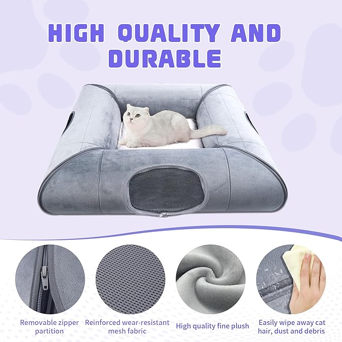 Indoor Cat Cave Bed with Door, with Removable Soft Pad, Sturdy and Scratch Resistant,Suitable for Small and Medium Cats (Gray)