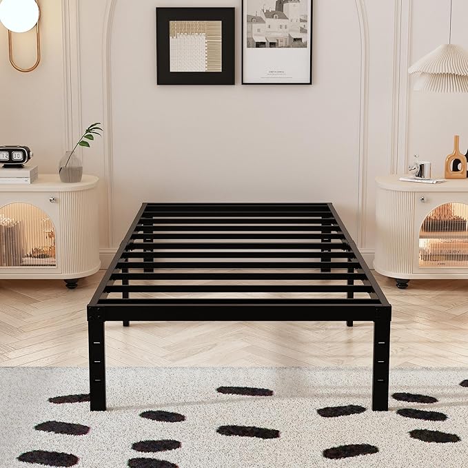 14 Inch XL Twin Bed Frame with White Fabric Cover, Heavy Duty Metal Twin XL Platform Bed Frame, No Box Spring Needed, Support Up to 2500 lbs, Easy Assembly, Noise Free, Black