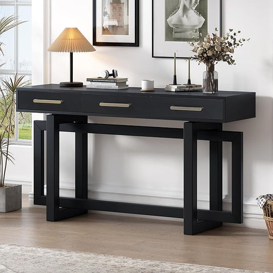 Knocbel Long Console Table with 3 Drawers and Handle, Elegant Entryway Sofa Table End Table with Cross Sled Base for Living Room Foyer, Corridor 15.7" D x 57" W x 30.6" H Black