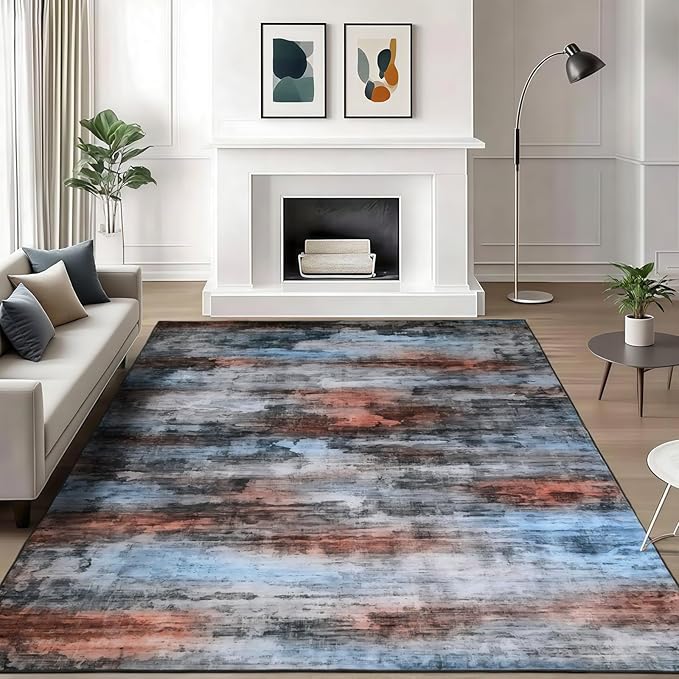 WILLSUN Washable Area Rugs, 6x9 Non-Slip Boho Large Area Rugs for Living Room, Bedroom, Machine Washable Vintage Rug, Indoor Floral Print Carpet for Home Decor, Kid & Pet Friendly Mat